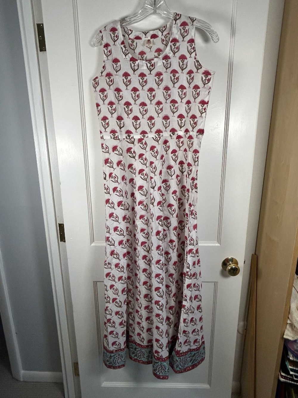 Boho cotton maxi sleeveless block print dress | SM | Red/green/wht